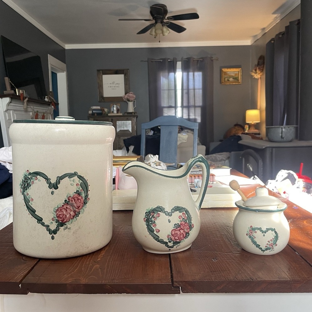 Vintage Noel Plate Co.Hand-Painted Heart Canister, Pitcher, & Honey Pot Set Of 3
